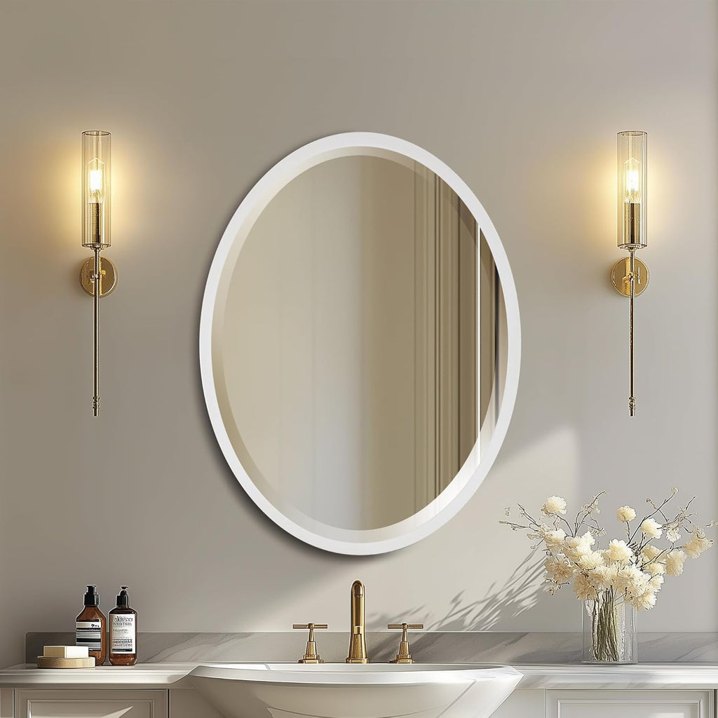 Beveled Luxe Beige Wall Mirror — 31" — Linen White