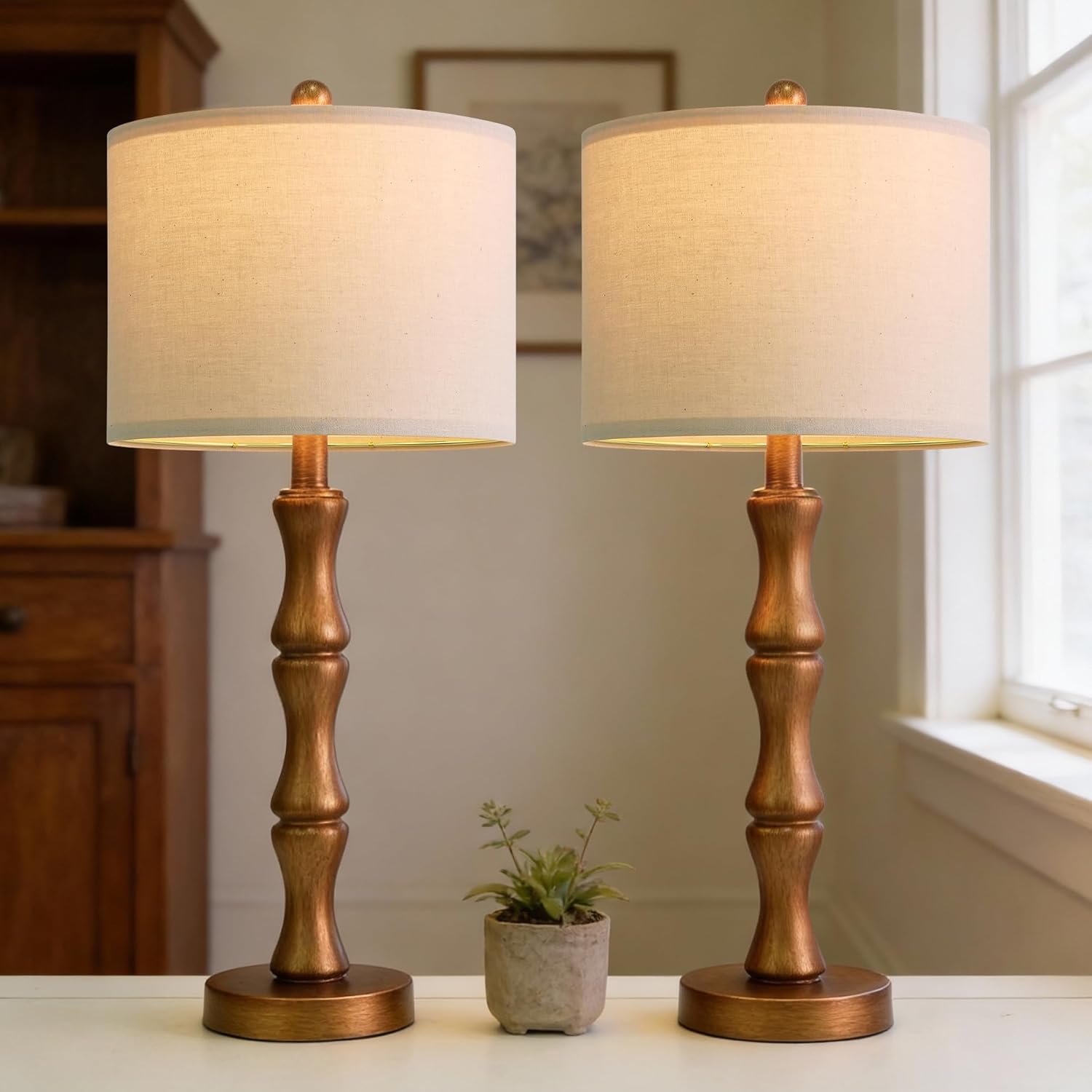 Linen Farmhouse Brown Bedside Lamp — 20.5" — MEDIUM 25“-Antique Gold