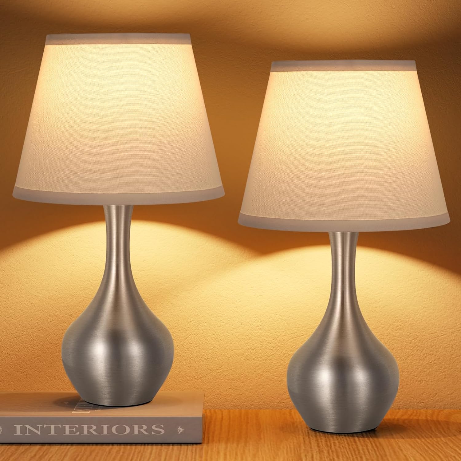 Dimmable Beige Bedside Lamp — 16.1" — H. White Shade & Silver Base Set 2