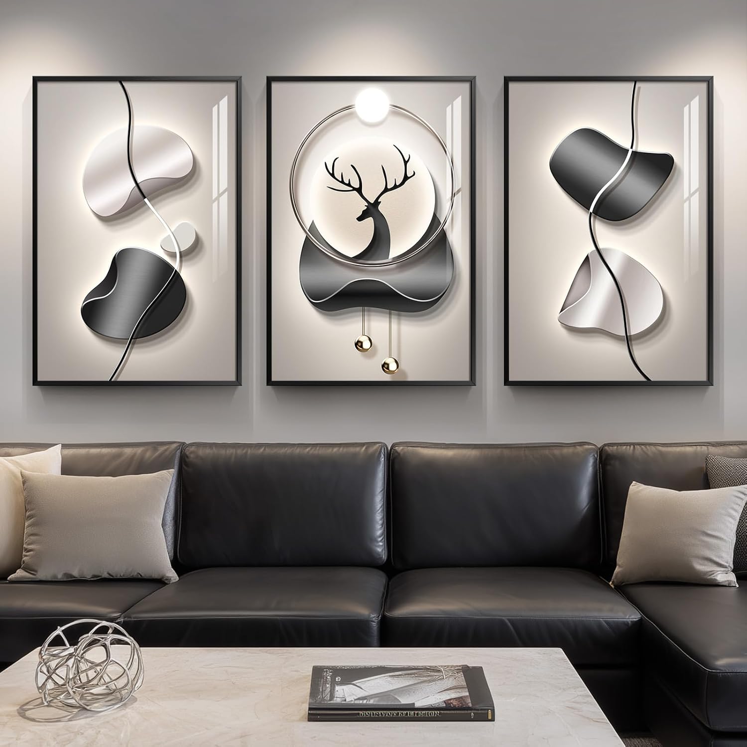 Framed Luxe Black Wall Decor — 36" — 36" H x 24" W x 3Pcs
