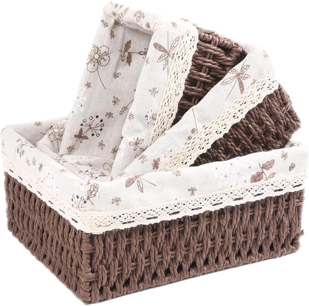 Rectangular Boho Beige Storage Basket — Set of 3 — Brown
