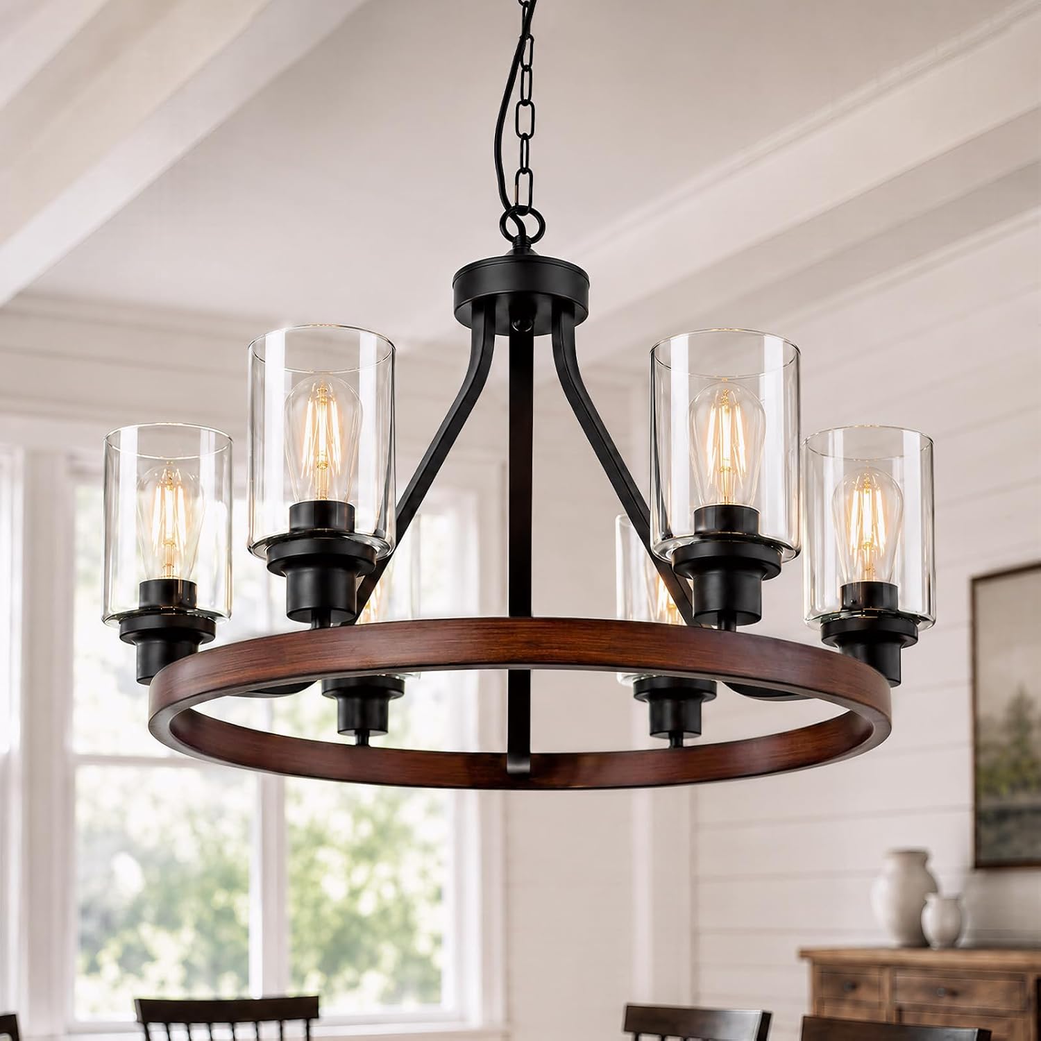 Adjustable Modern Black Chandelier — 6-Light — Wooden