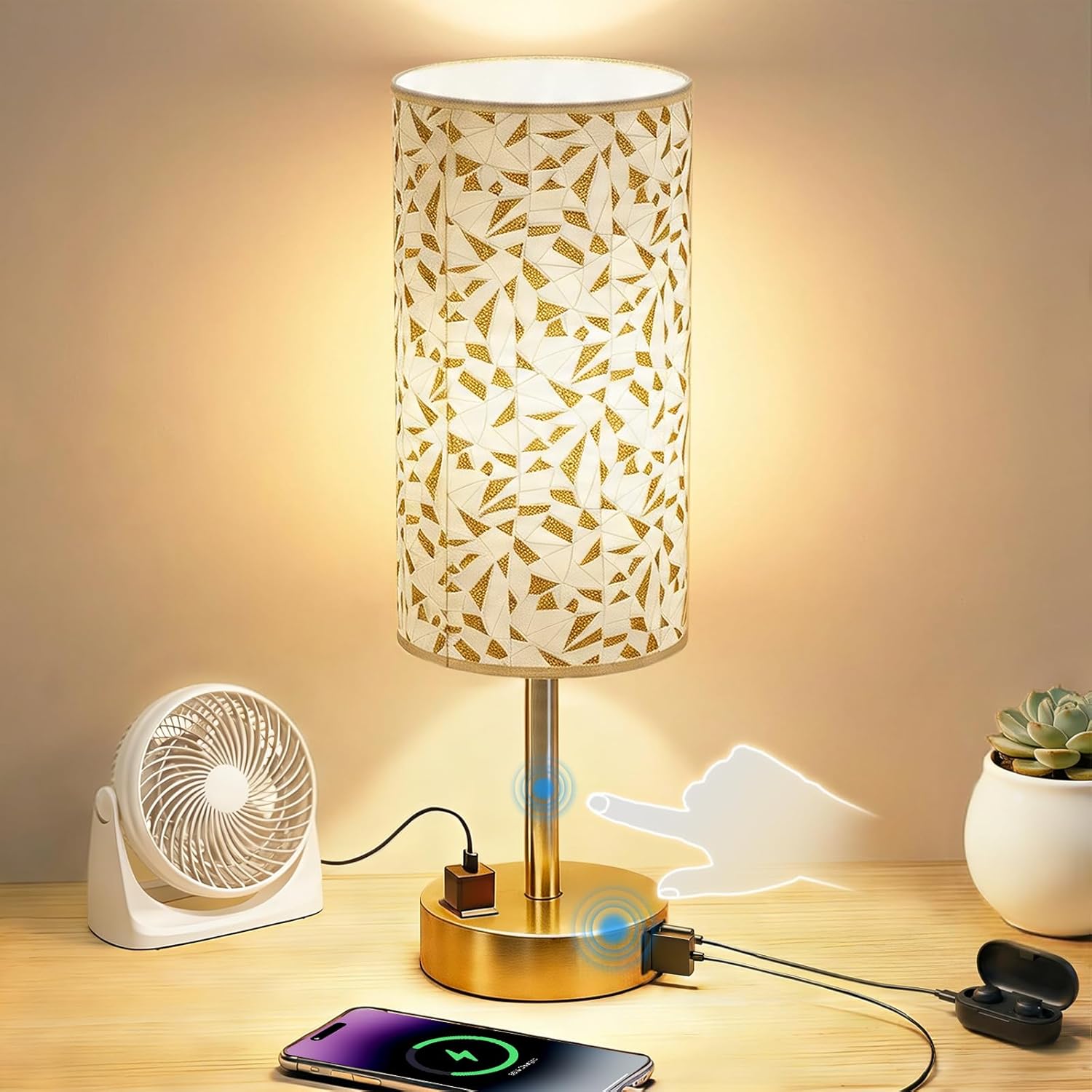Dimmable Beige Bedside Lamp — Triangle&Gold
