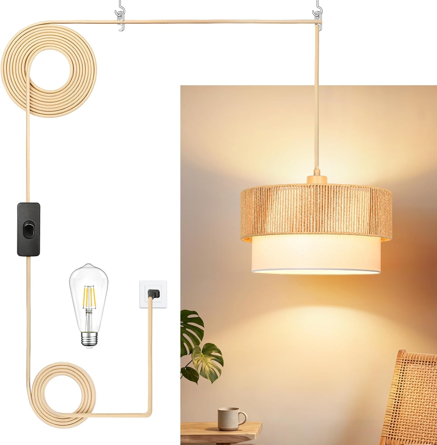 Dimmable Boho Fabric Pendant Light — Woven + Extended Linen/2