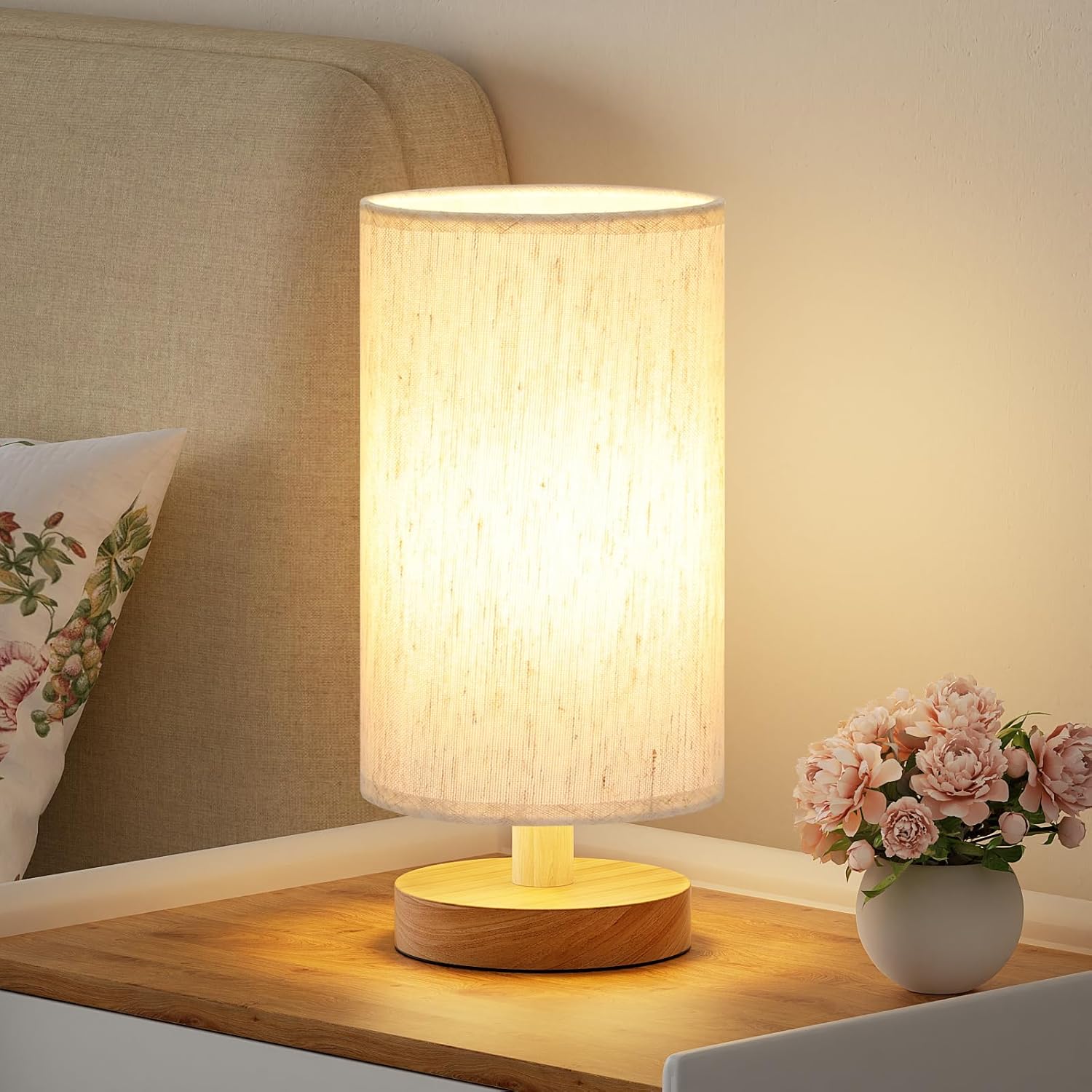 Beige Bedside Lamp — 9" — Cream Shade - Wood Base