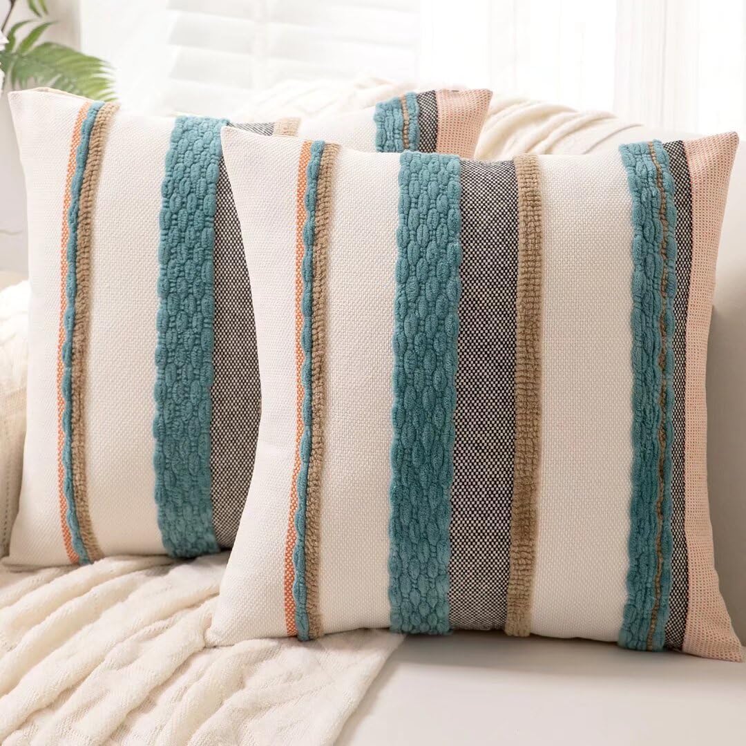 Chenille Boho Black Throw Pillow Cover — 18" — Blue Stripe