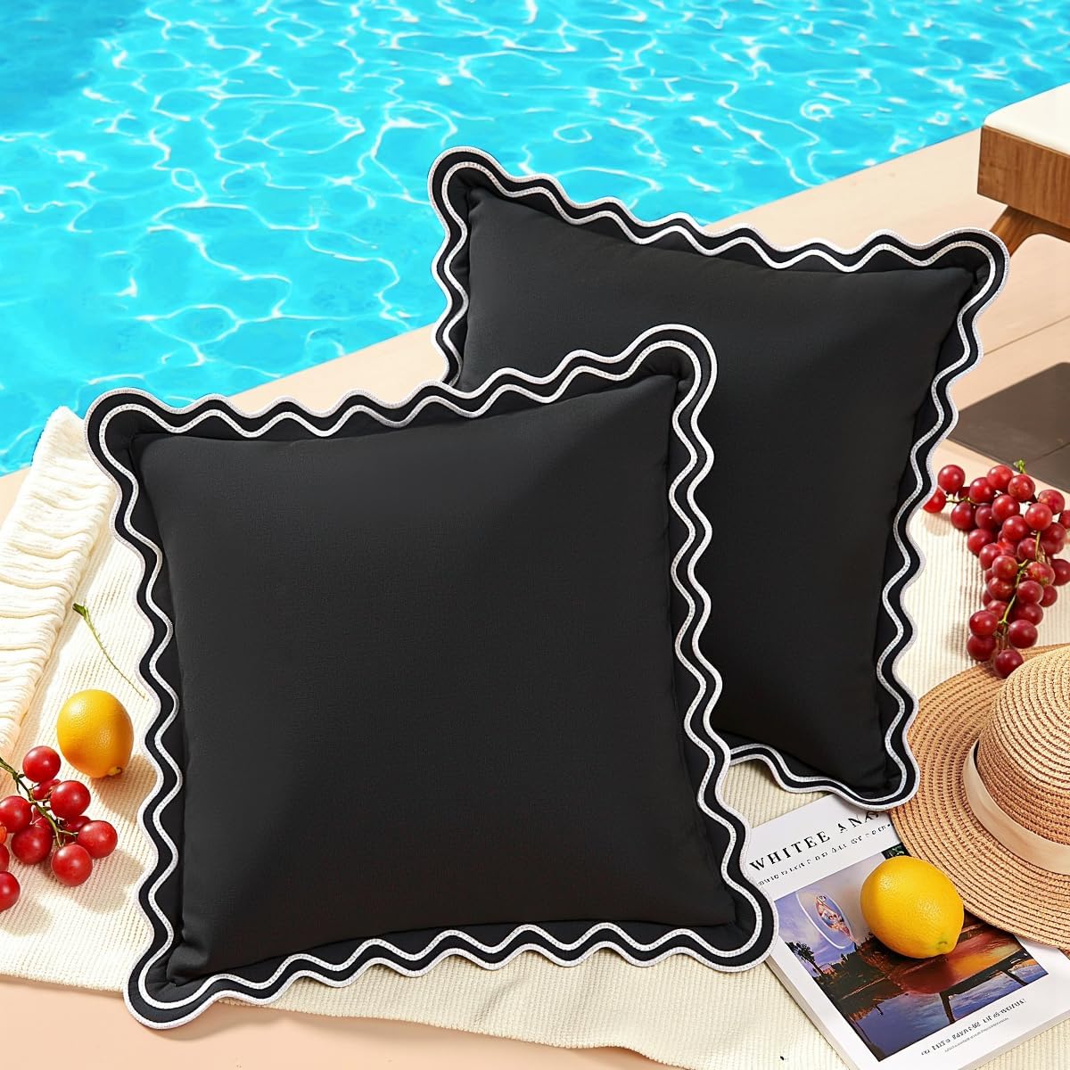 Embroidered Black Pillow Cover — 20" — Black Scalloped Pillow Covers 18x18