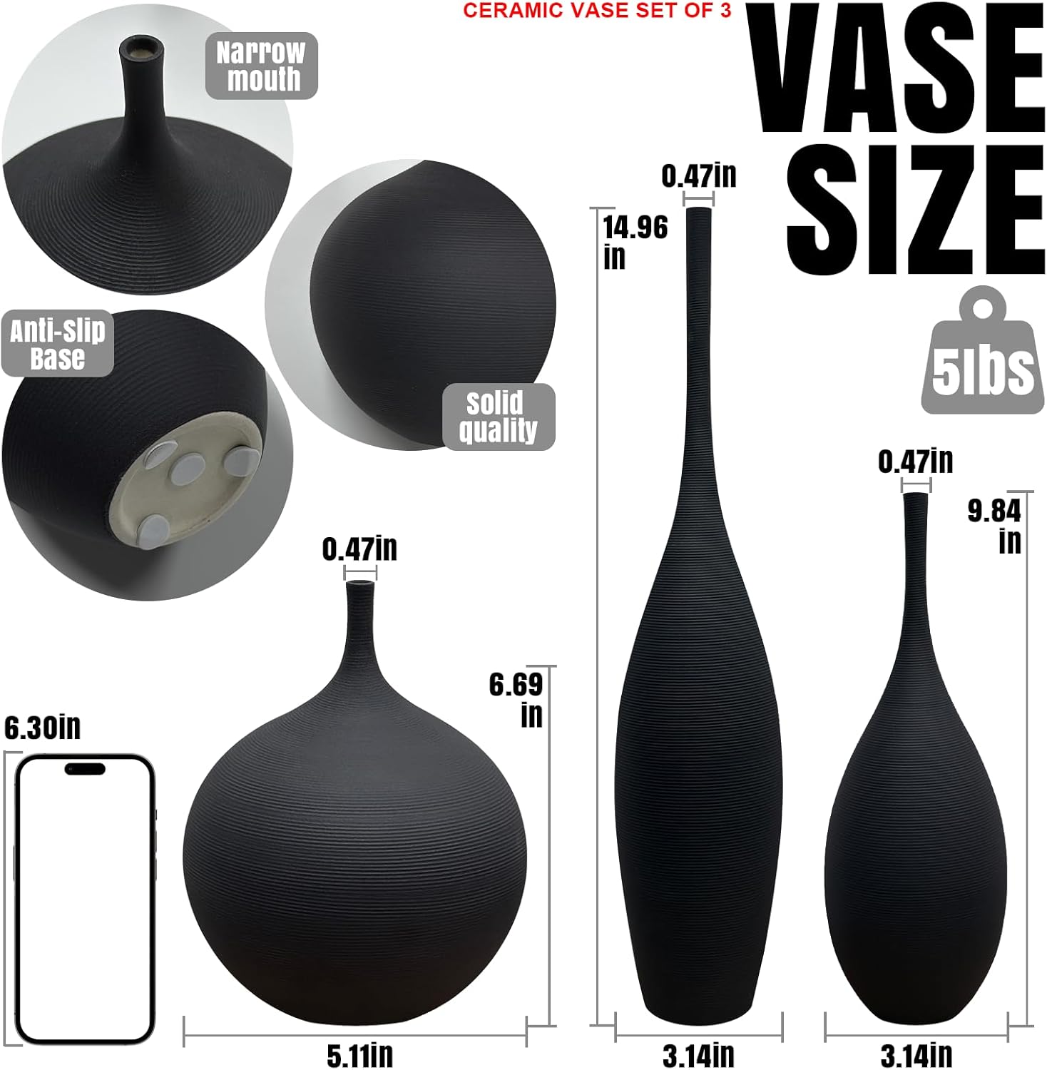 Boho Black Decorative Vase — Set of 3 - View 2