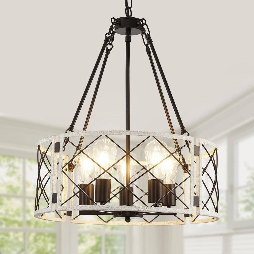 Farmhouse Black Chandelier — 6-Light — Vintage White-21"(Easy to Install)