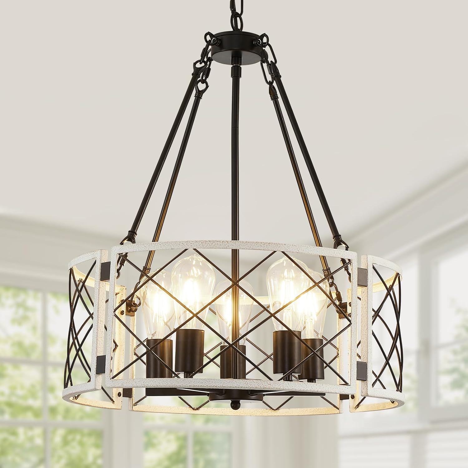Farmhouse Black Chandelier — 6-Light — Vintage White-21"(Easy to Install)