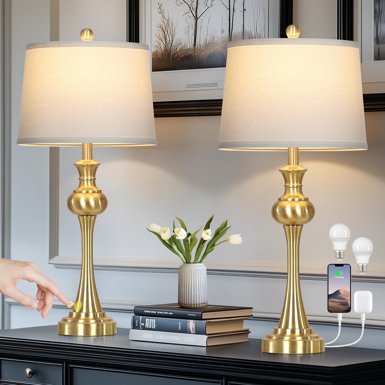 Dimmable Modern Black Bedside Lamp — 28.75" — Gold table lamp