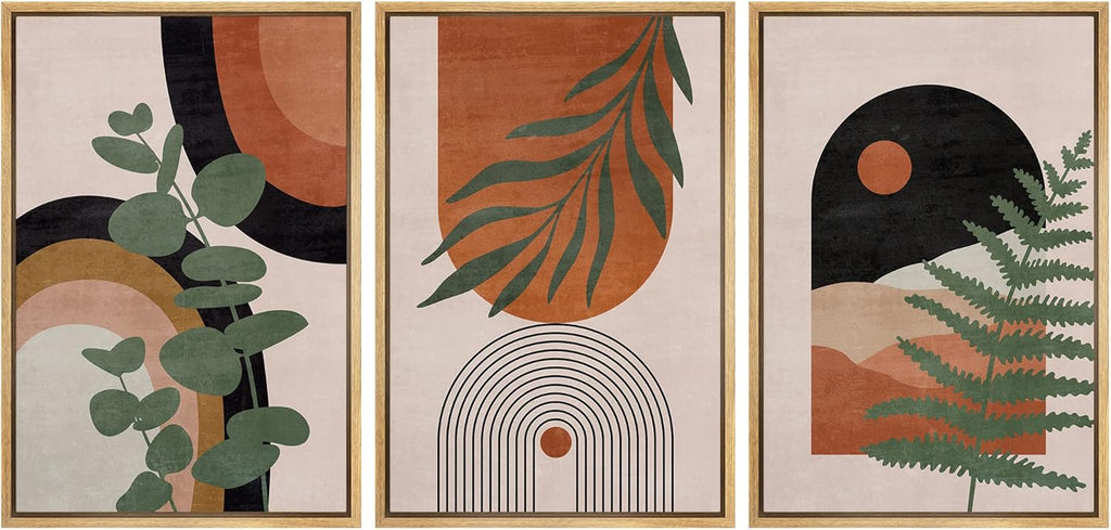 Framed Mid-Century Fabric Wall Art — 24" — 16" x 24" x 3 Panels NATURAL