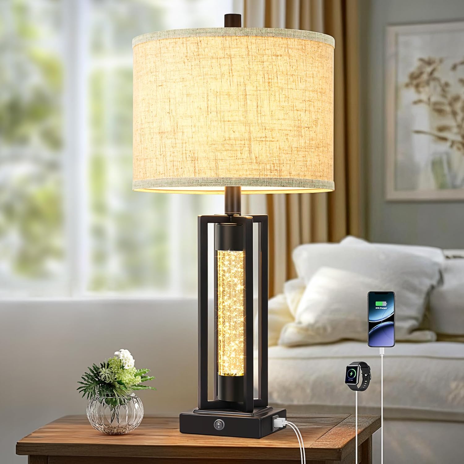 USB Farmhouse Black Bedside Lamp — Set of 2 — 1 Pack-Black