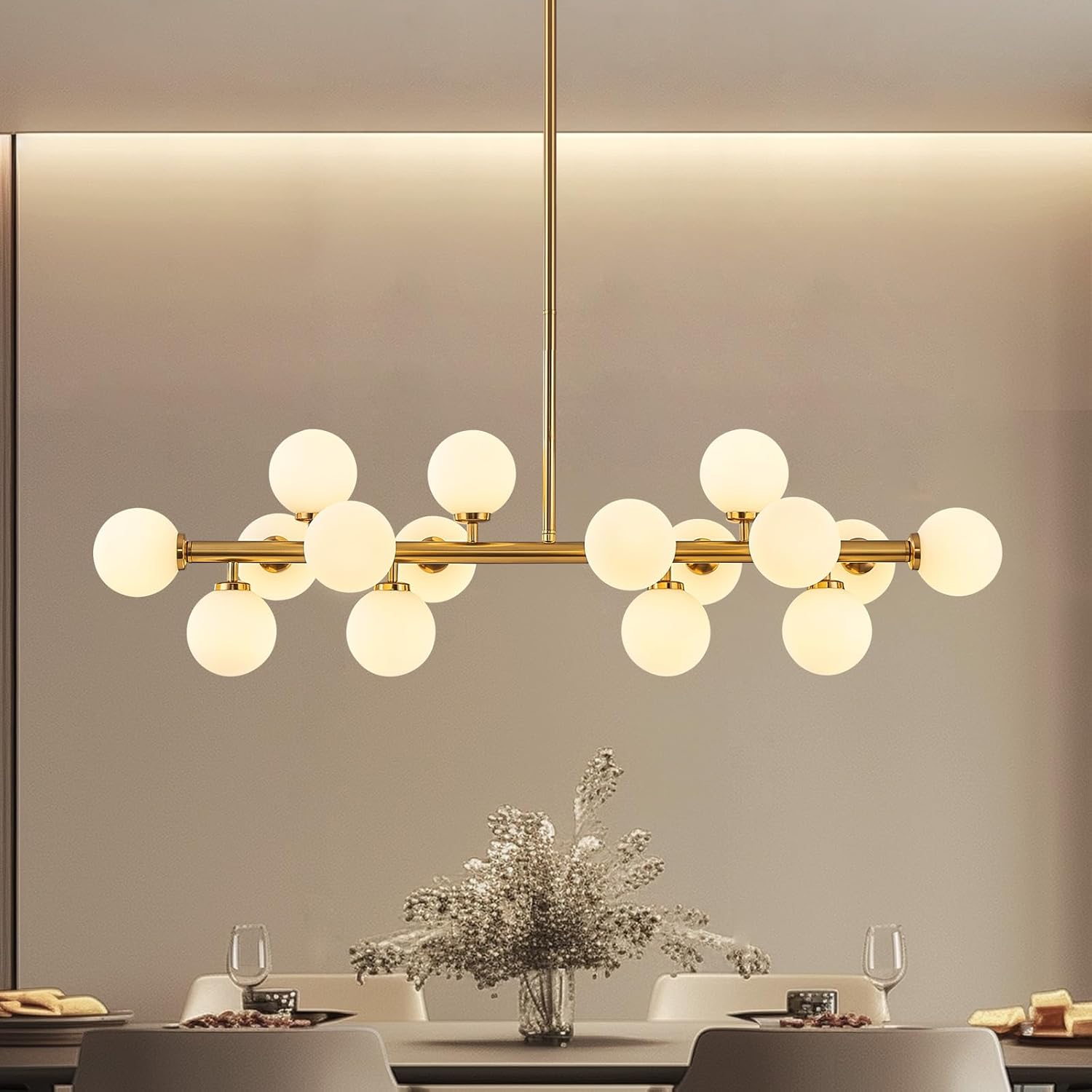 Mid-Century Black Chandelier — 16-Light — Gold (with White Lampshade)