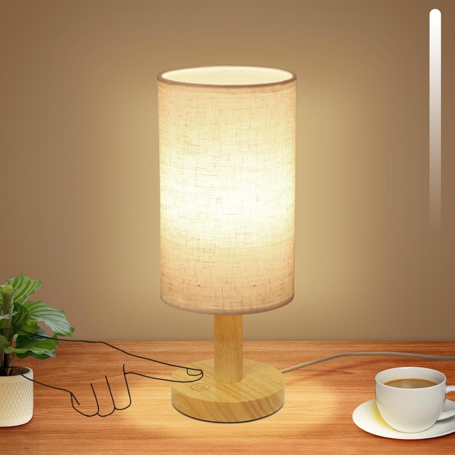 Round Boho Wood Table Lamp — Set of 1 — Round - USB Plug Touch - Set of 1