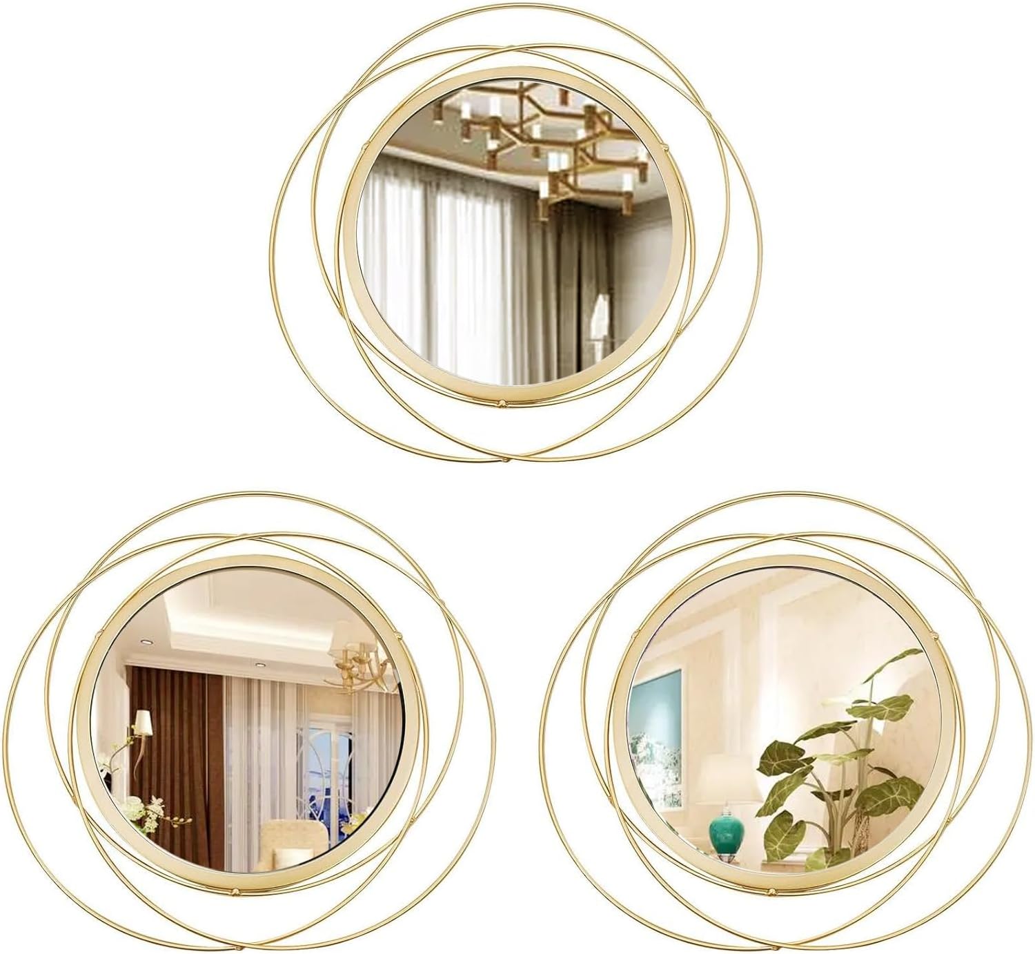 Boho Black Round Mirror — 3 Set Gold Circles