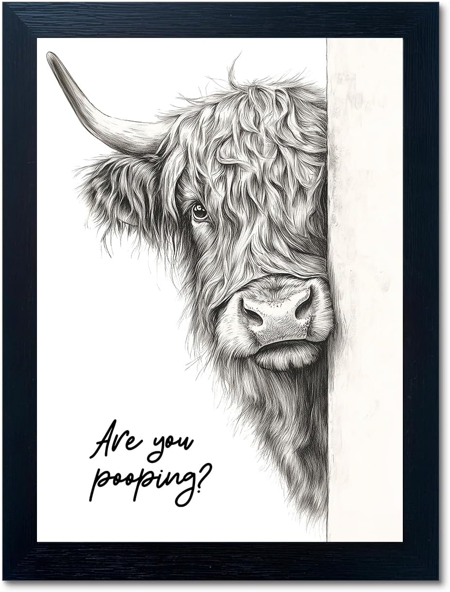 Framed Farmhouse Black Wall Decor — 8" — Highland Cow Bathroom Wall Art