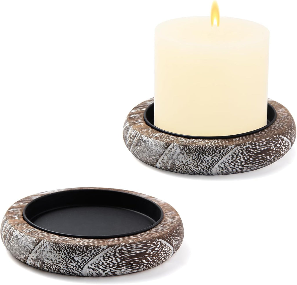 Round Farmhouse Brown Pillar Candle — White Stripes*2