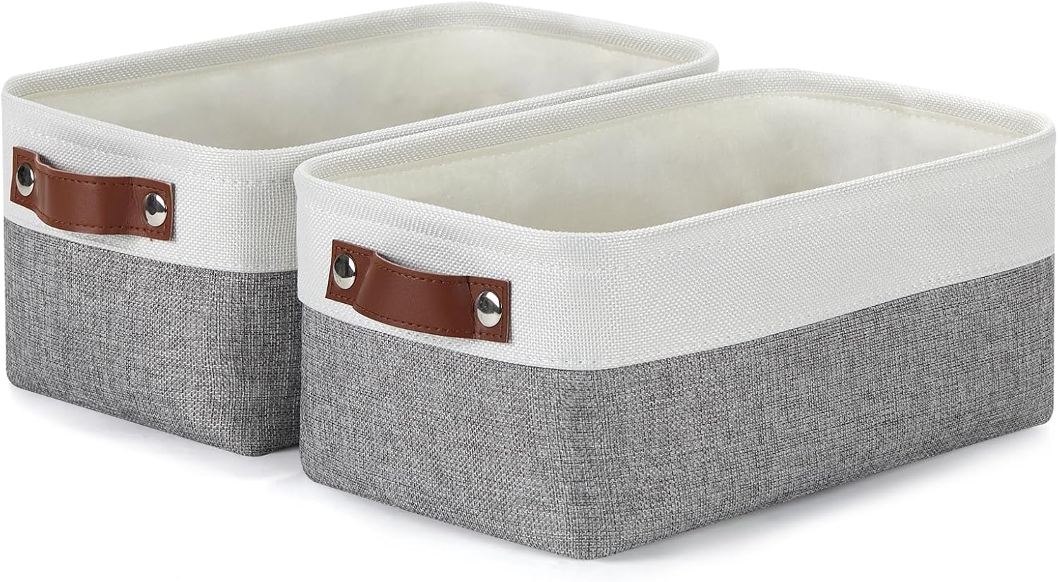 Beige Storage Basket — 17" — White&Grey-Leather Handles