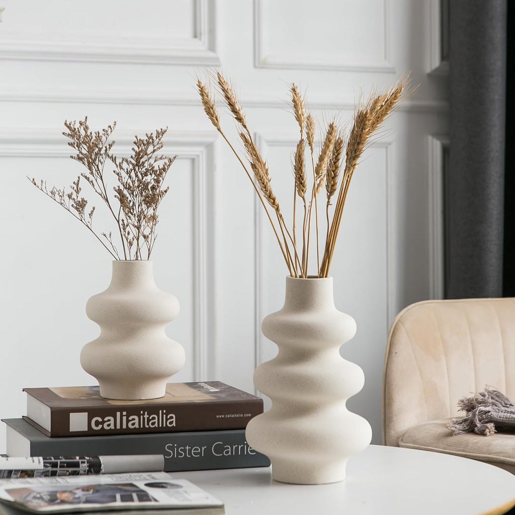 Round Boho Beige Flower Vase — Set of 2 - View 6