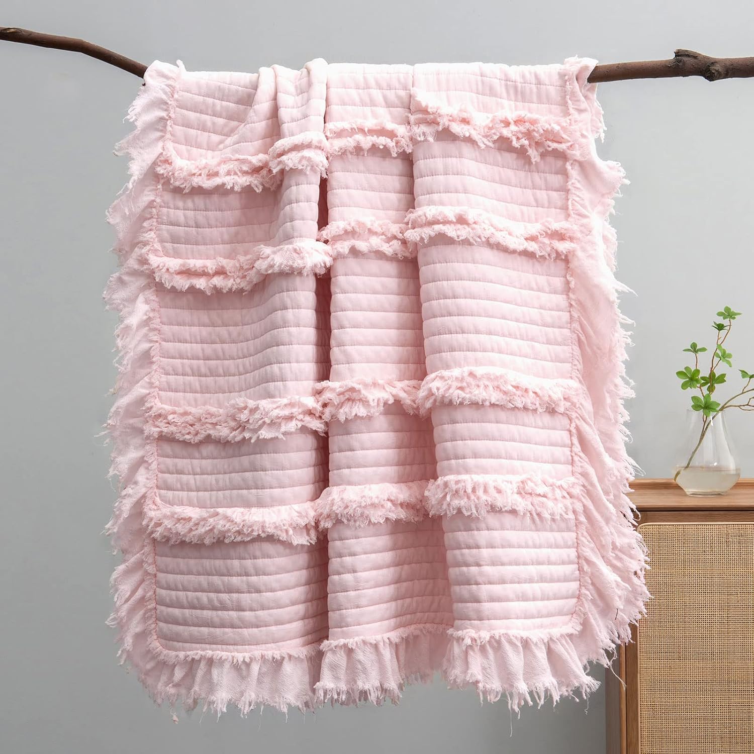 Fringed Boho Beige Throw Pillow — 50" — Baby Pink