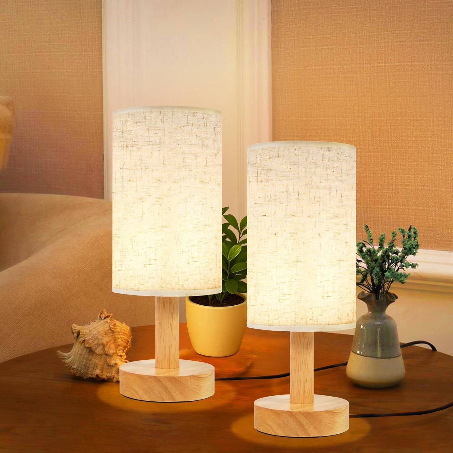 Linen Modern Fabric Desk Lamp — Set of 1 — Beige-Round-set of 2
