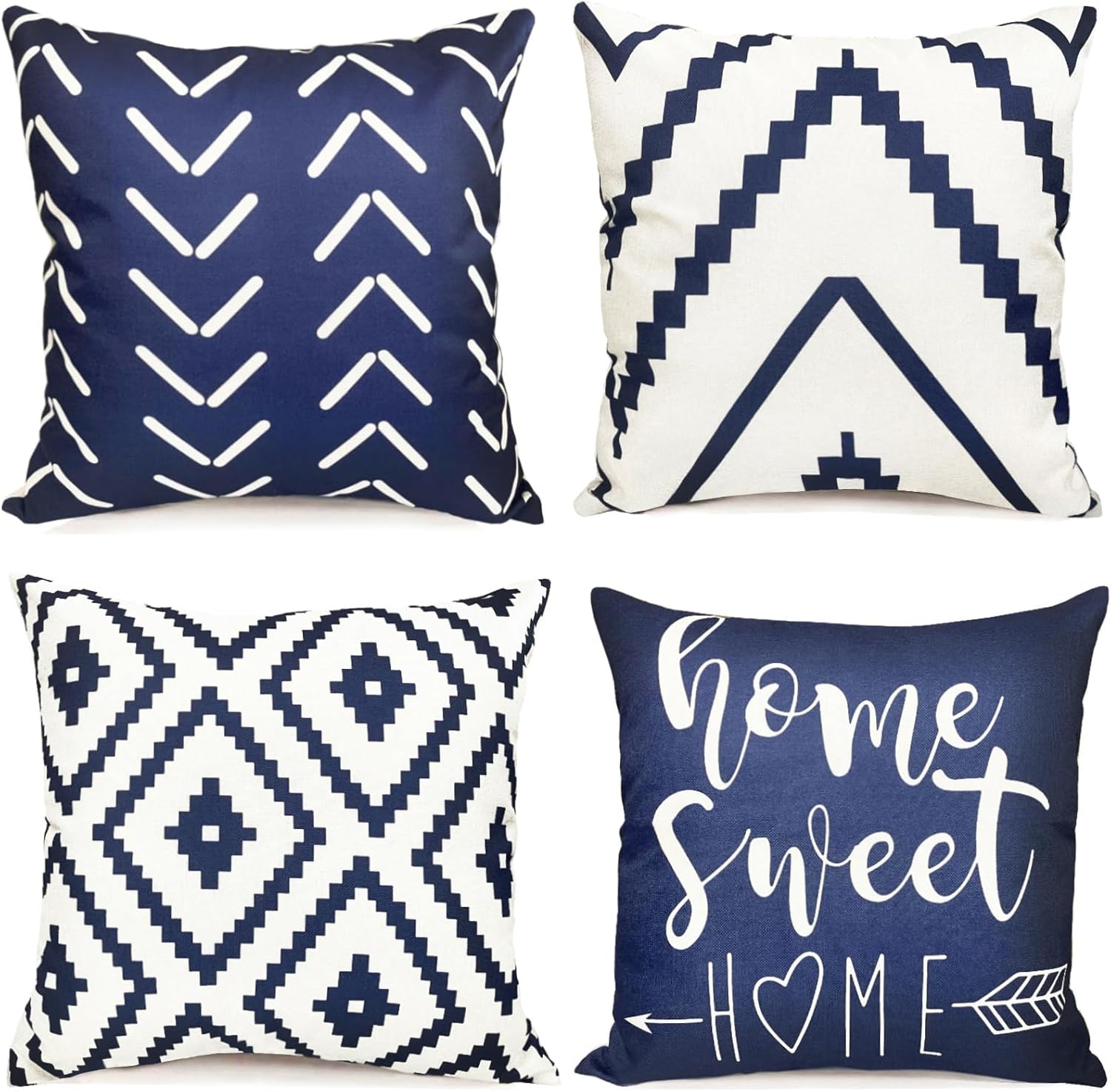Linen Boho Beige Throw Pillow Cover — 18" — Blue-geometric