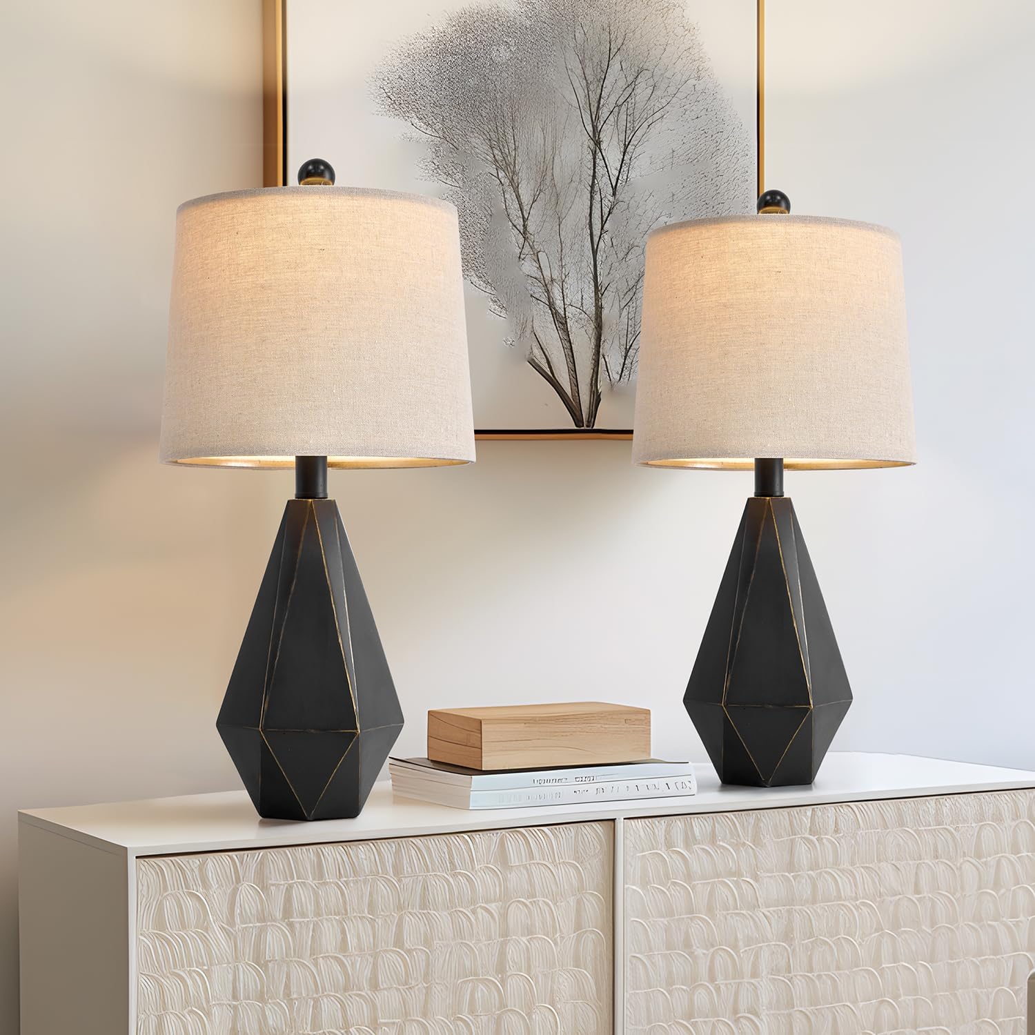 Linen Farmhouse Black Nightstand Lamp — 20.25" — Black with Gold