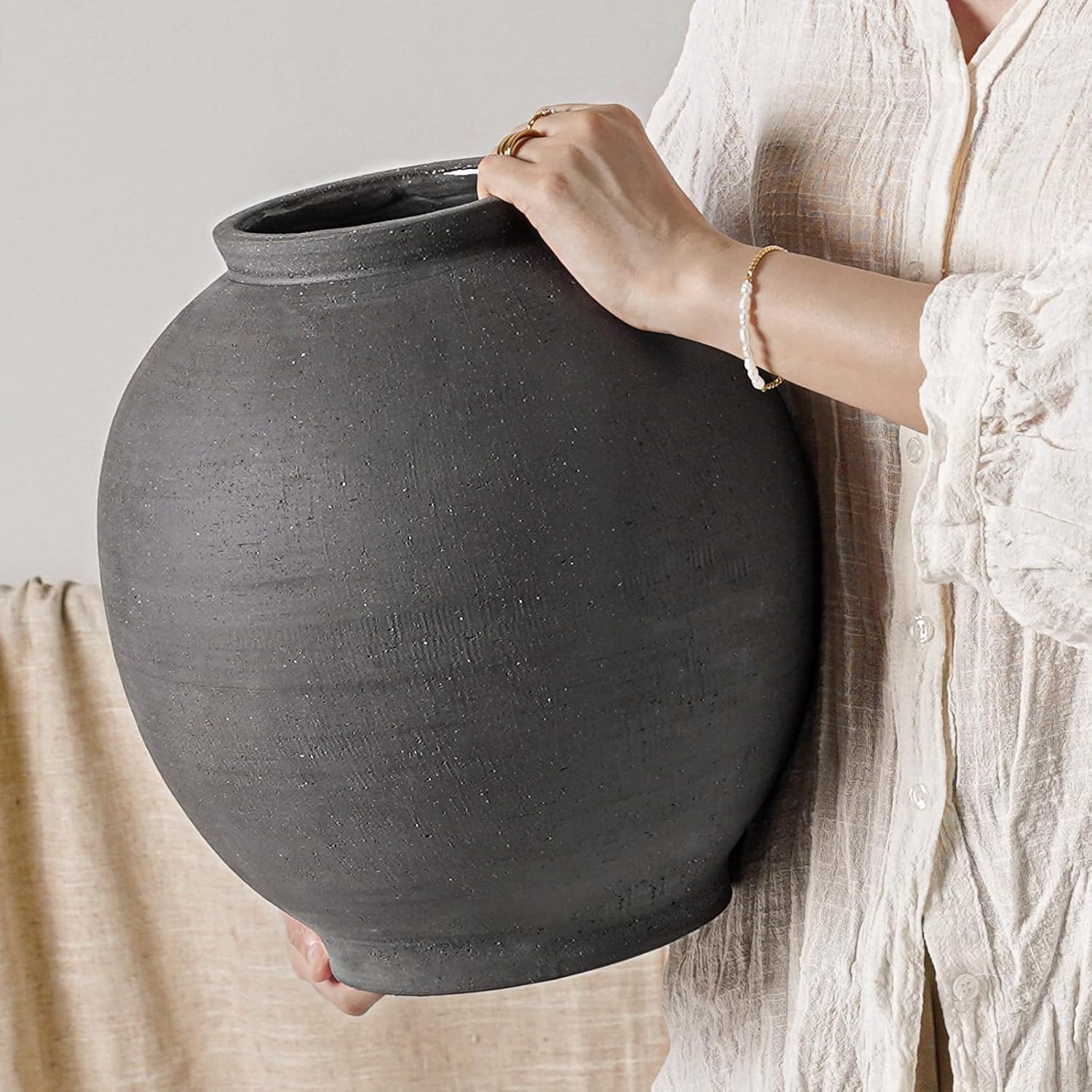Farmhouse Beige Flower Vase — 8" — Sandstone Dark Grey