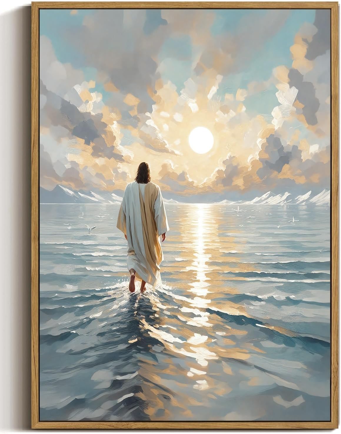 Framed Modern Beige Canvas Wall Art — 16" — Walking on Water Blue