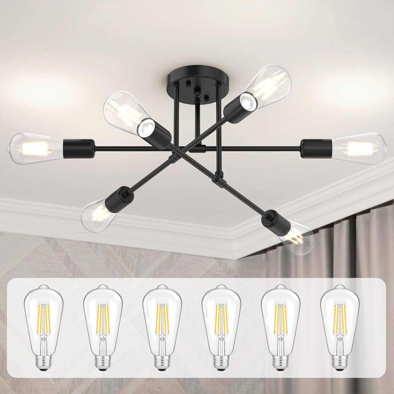 Mid-Century Black Chandelier — 6-Light — Matte Black(6 Edison Bulbs)