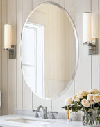 Beveled Beige Wall Mirror — 32" — Silver-elliptical Oval