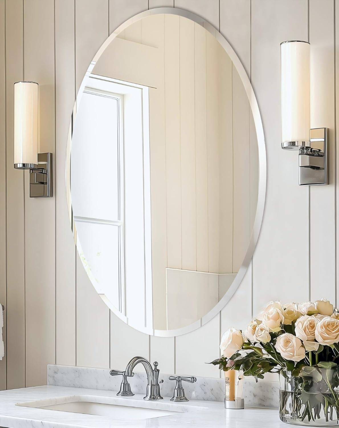 Beveled Beige Wall Mirror — 32" — Silver-elliptical Oval