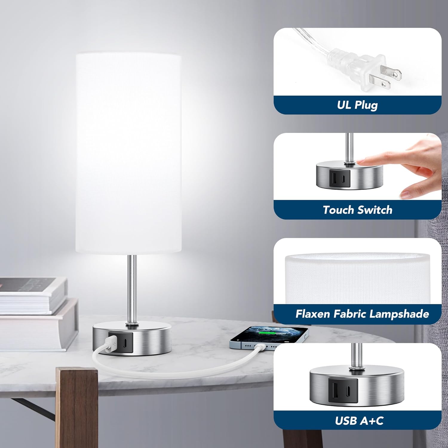 Dimmable Modern Silver Nightstand Lamp — 12.8" - View 5