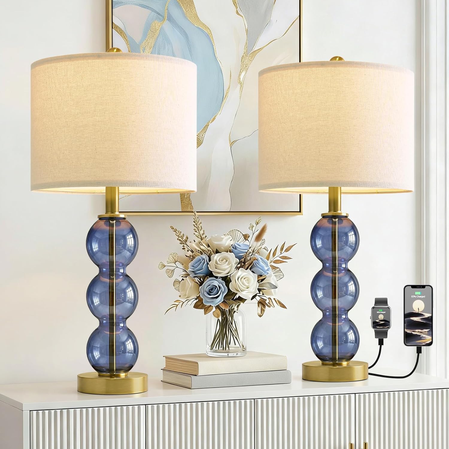 USB Luxe Black Bedside Lamp — 25" — Blue
