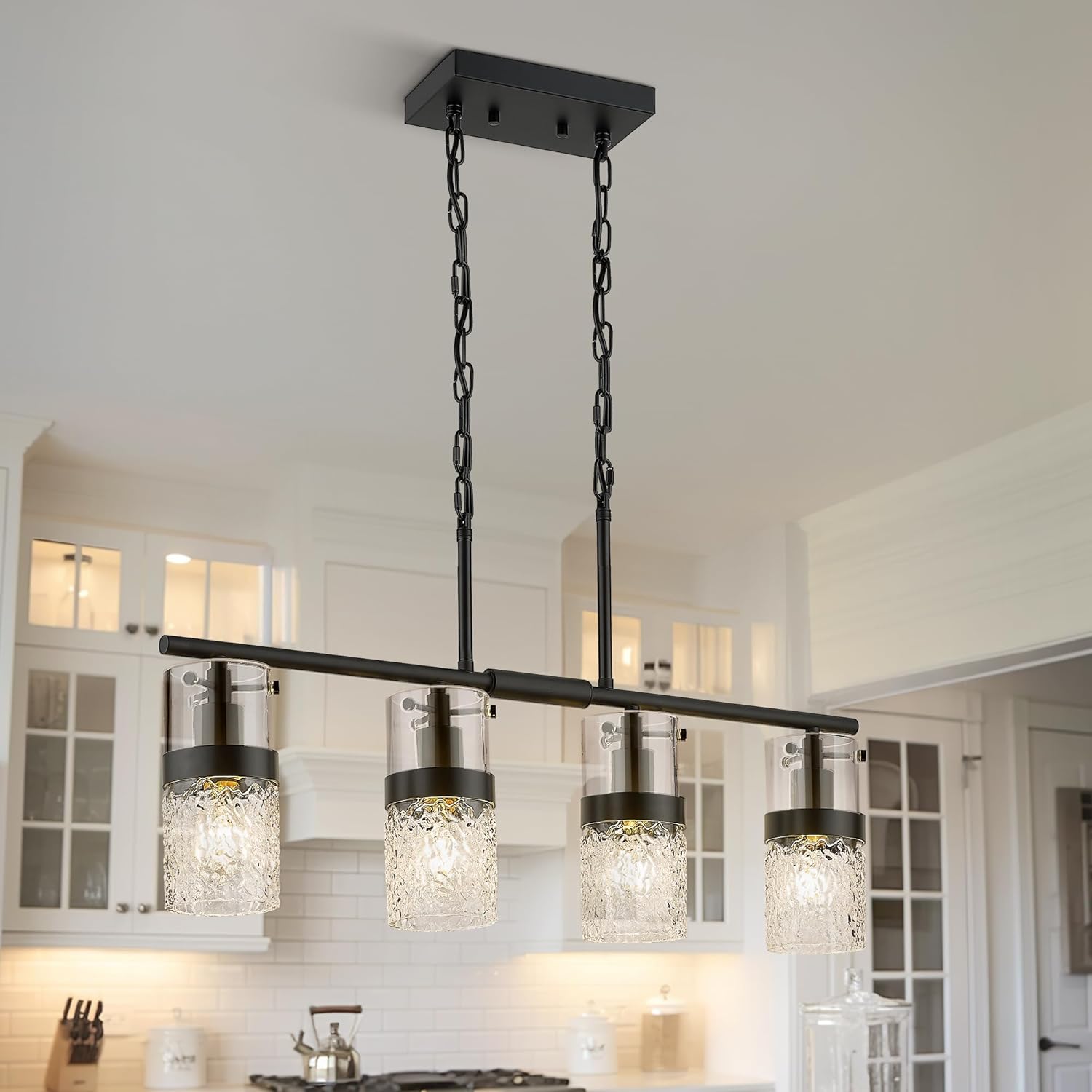 Adjustable Modern Black Pendant Light — 3.5" — Black -Hammered Glass
