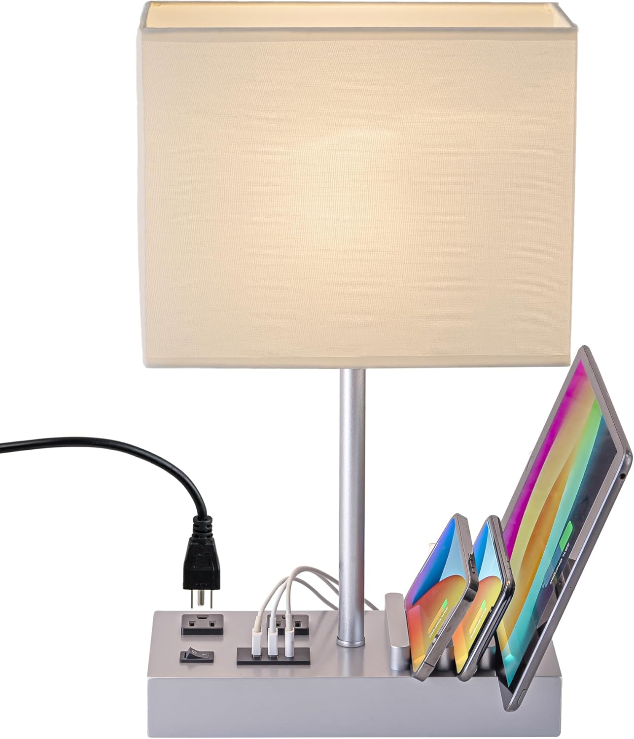 USB Charging Beige Bedside Lamp — Silver Woodgrain