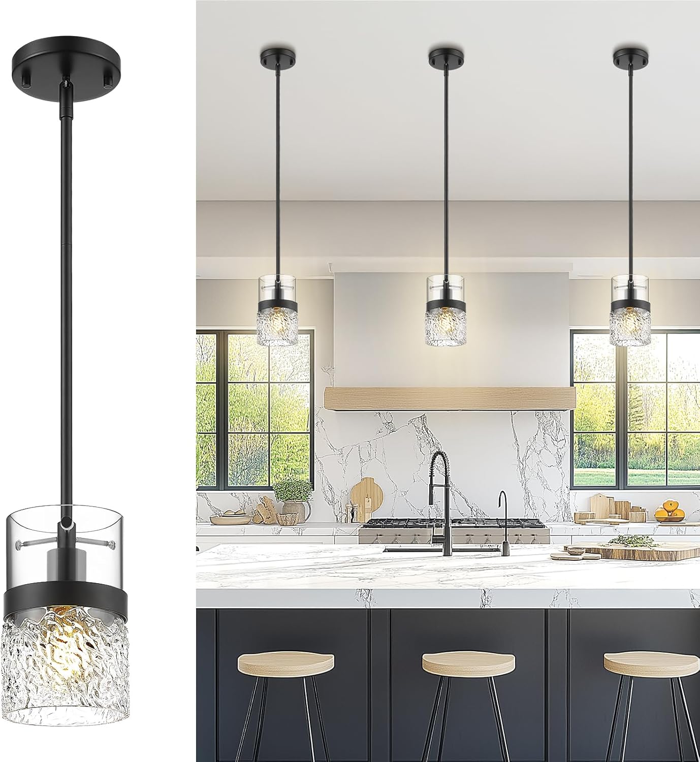 Adjustable Modern Black Pendant Light — 3.5" — Black -Hammered Glass