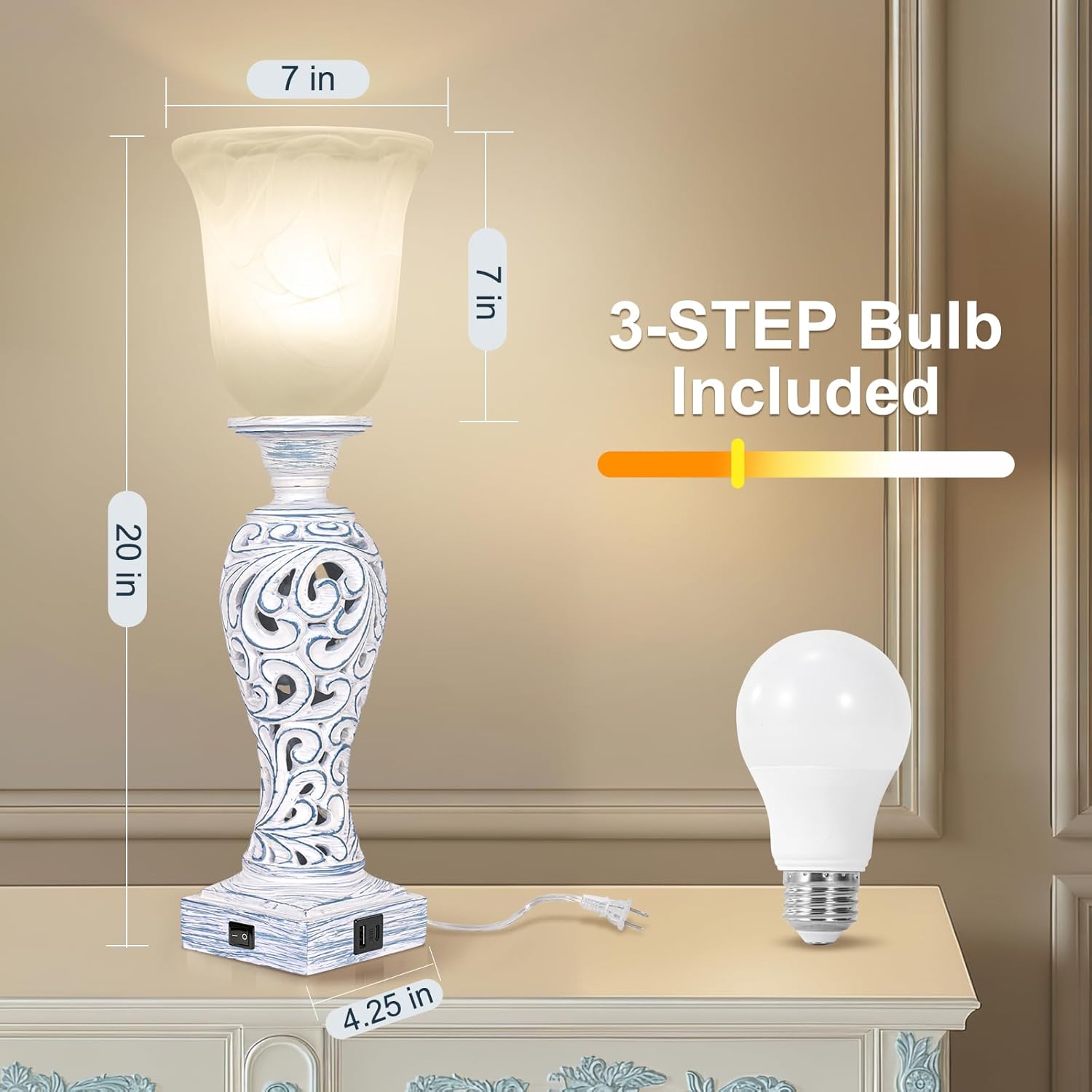 Dimmable Farmhouse Beige Bedside Lamp — 20" - View 2