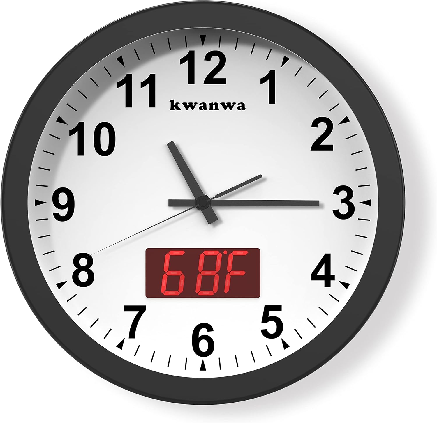 Adjustable Black Wall Clock — 12" — Black-led Time & Temperature Display