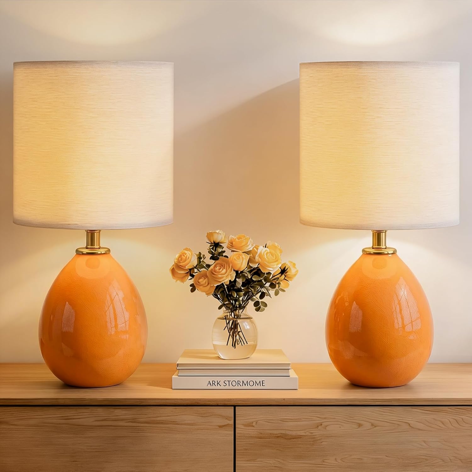 Mid-Century Beige Bedside Lamp — Orange