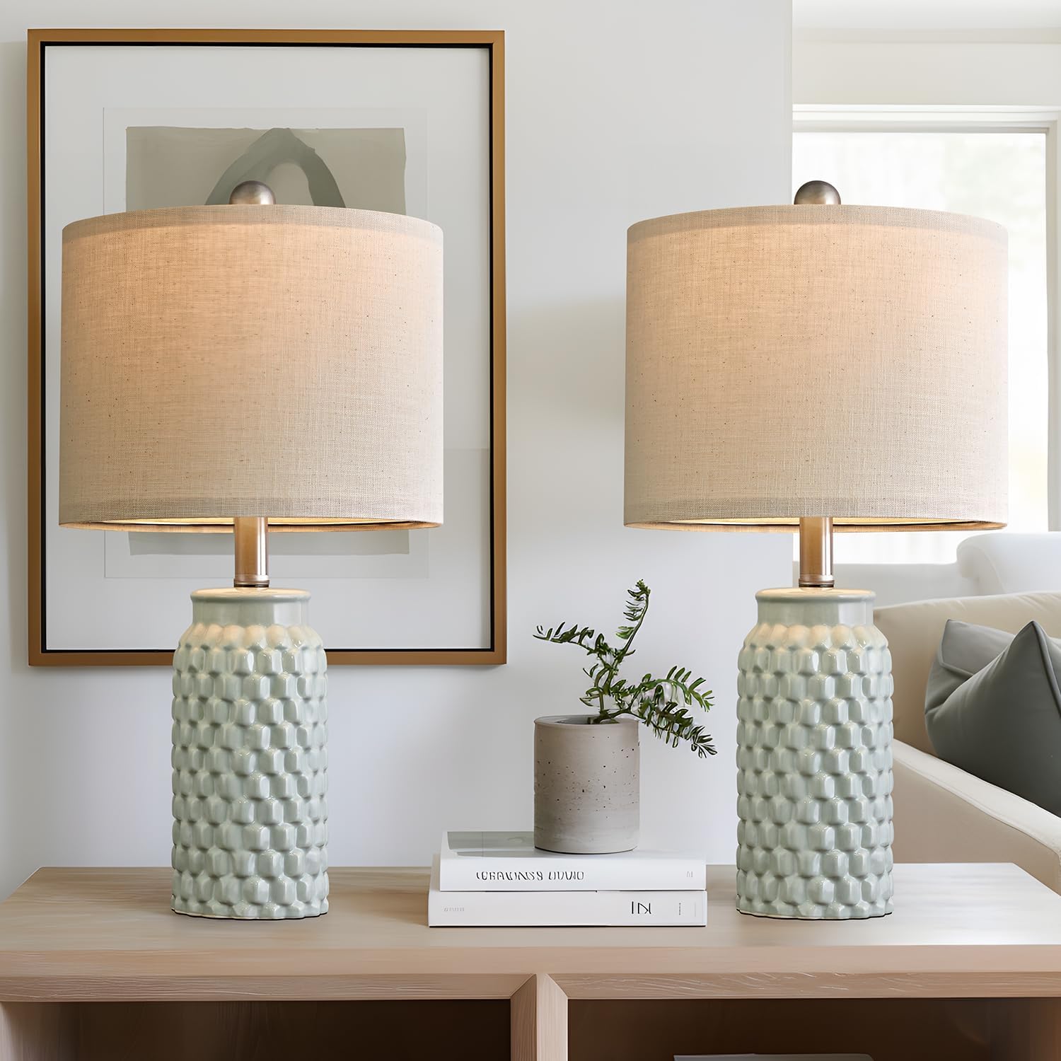 Farmhouse Beige Bedside Lamp — 20.5" — D 20.5" Light green-2 Pack