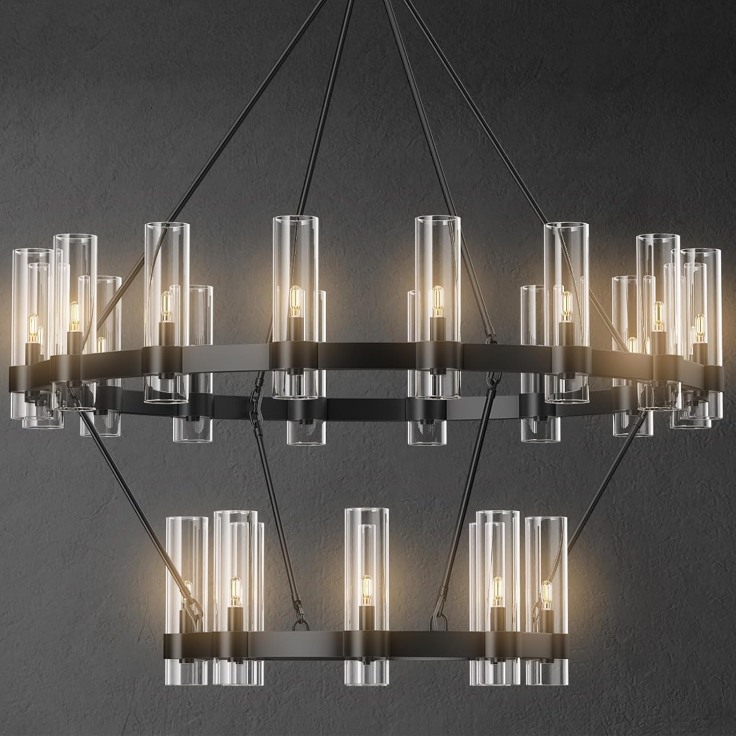 Adjustable Farmhouse Black Chandelier — 6-Light — 48in-24-Light-2-Tier-Round