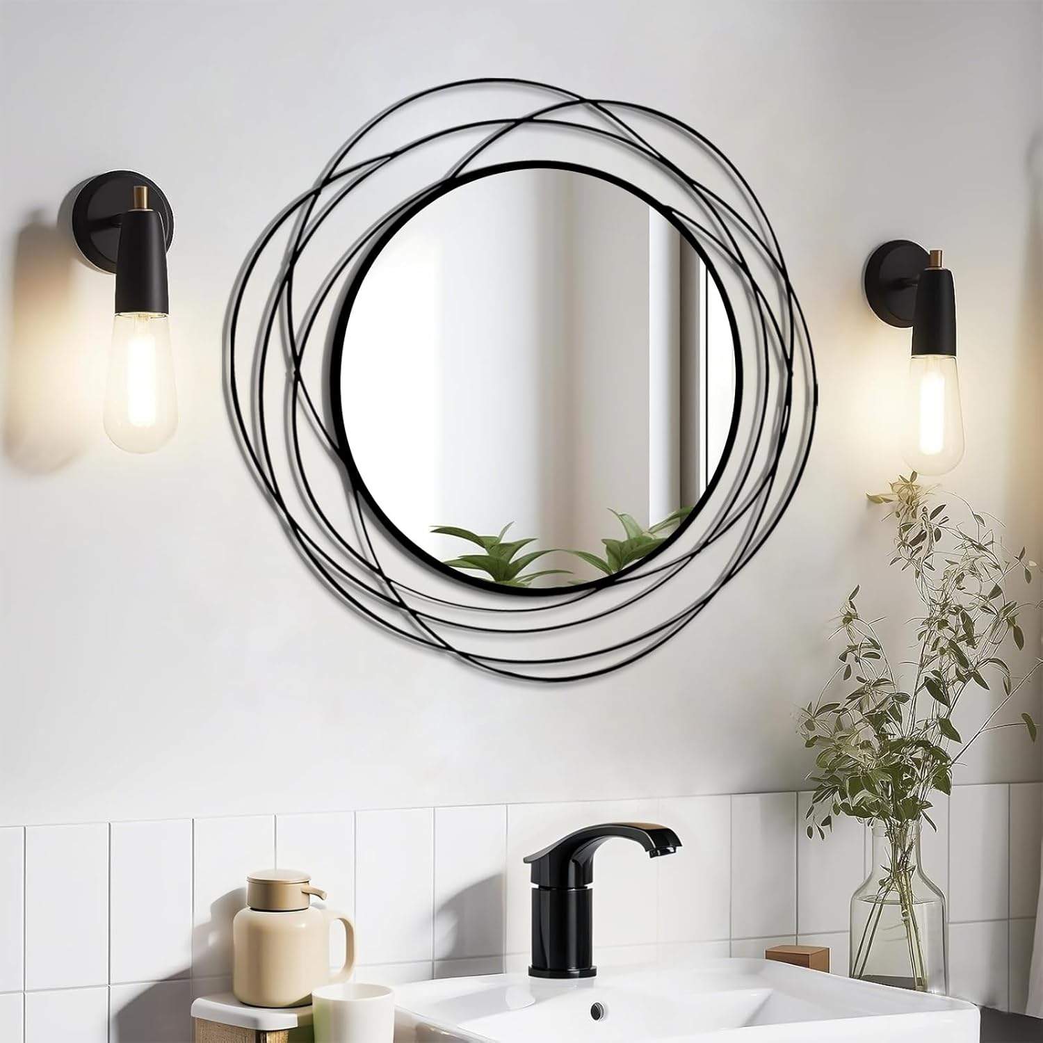 Round Modern Black Wall Mirror — 26.8" — Black