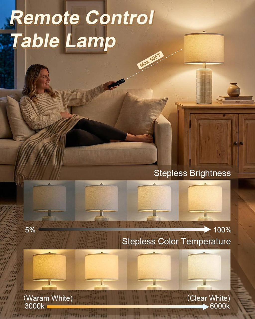 Dimmable Modern Beige Bedside Lamp — 23" - View 2