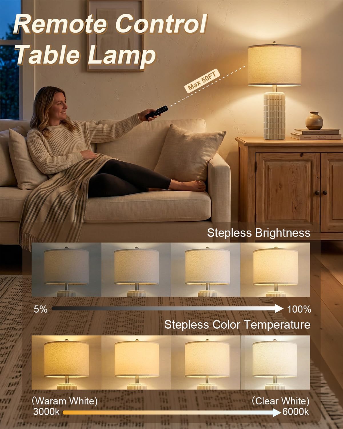 Dimmable Modern Beige Bedside Lamp — 23" - View 2