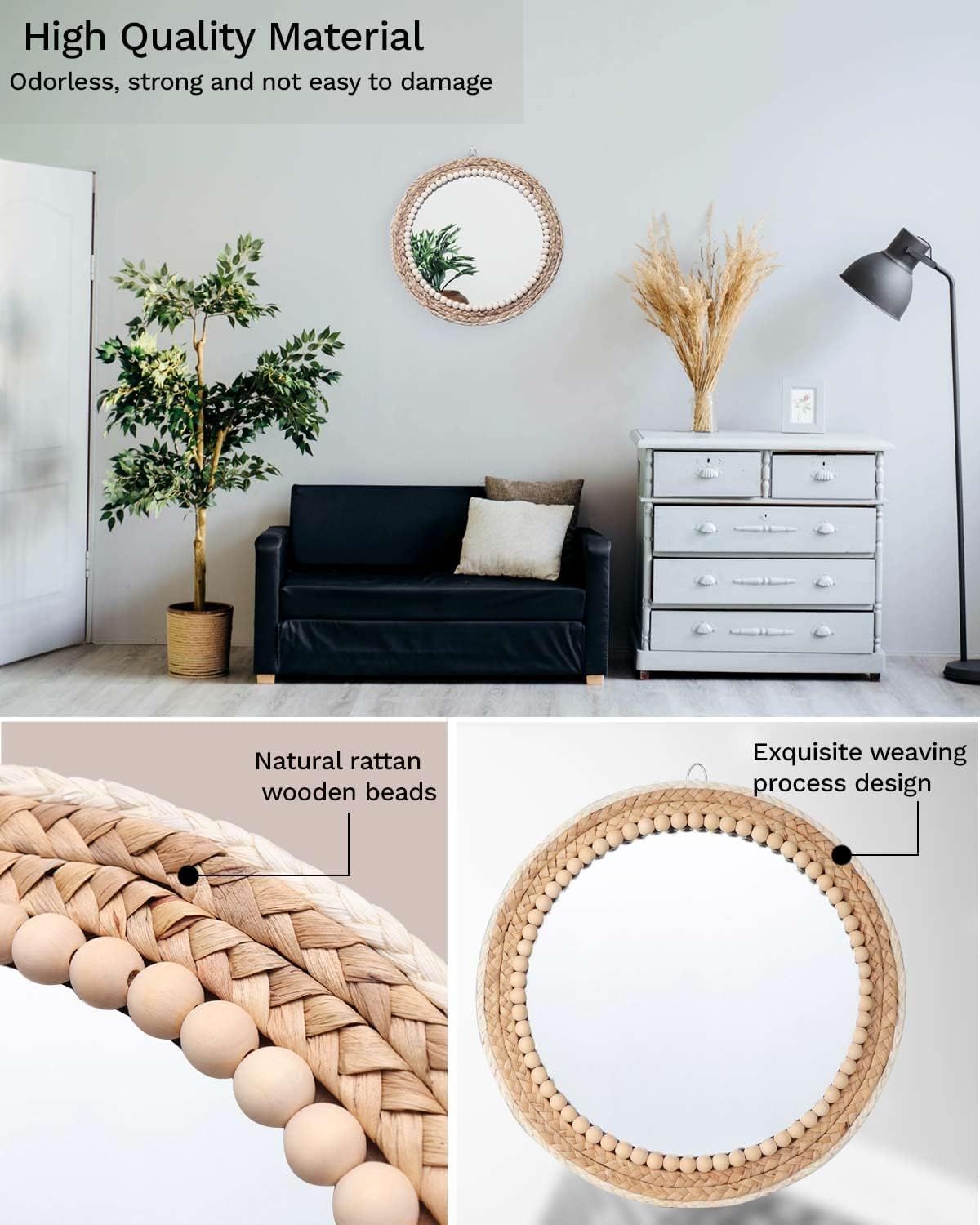 Boho Rattan Round Mirror — 15" - View 4