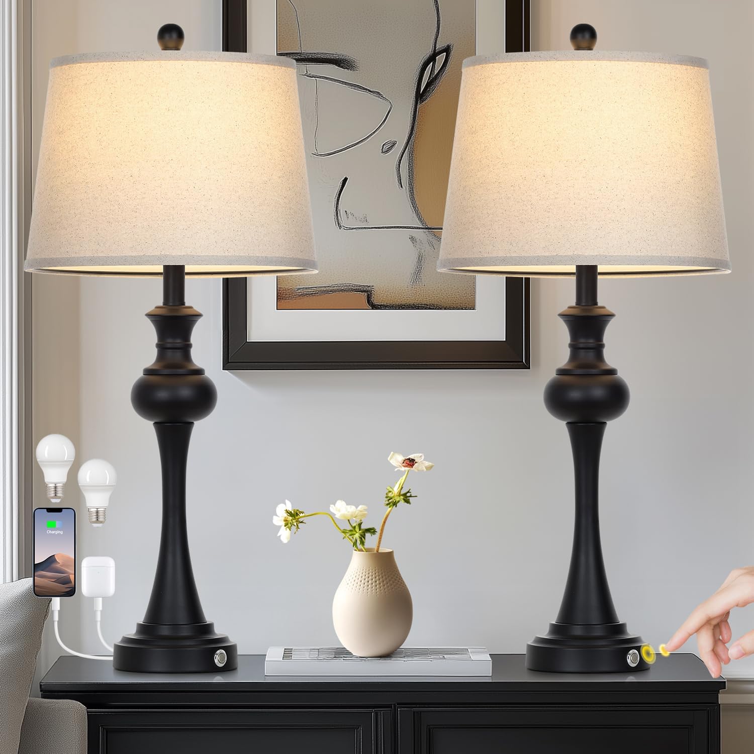 Dimmable Modern Black Bedside Lamp — 28.75" — Black table lamp