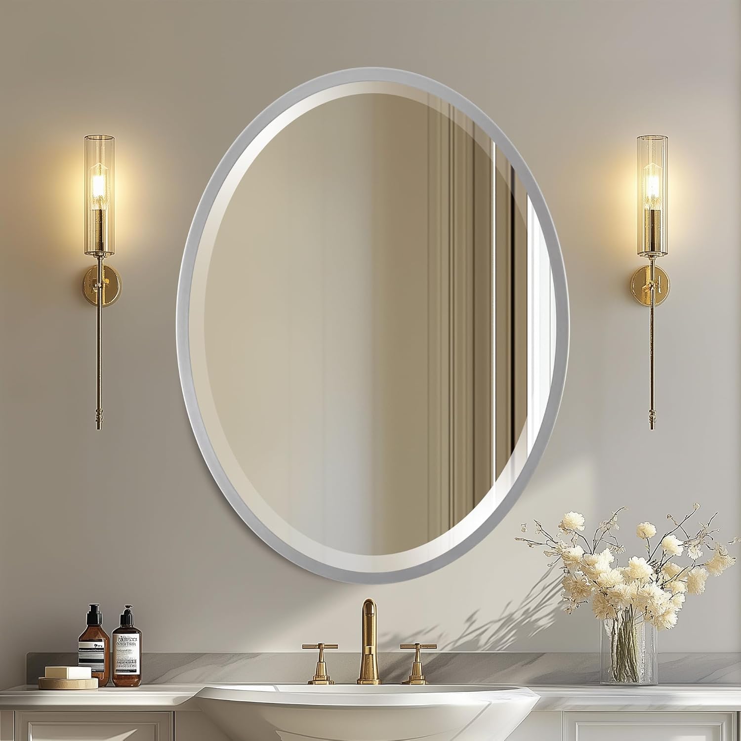 Beveled Luxe Beige Wall Mirror — 31" — Silver Spray