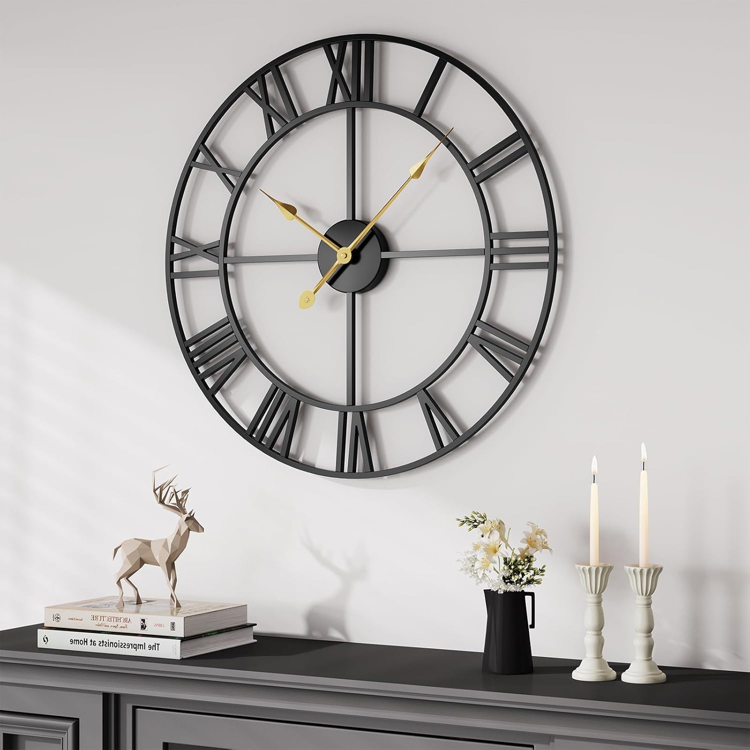 Battery Operated Black Wall Clock — 24" — Black Roman Number